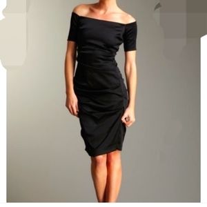 NIcole Miller Black Satin Ruched Cocktail Dress Sz 0